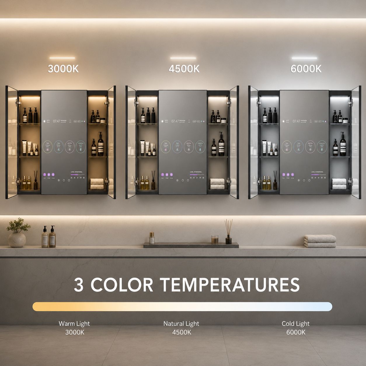 Kingstin Smart Backlit Stainless Steel LED TV Mirror Cabinet for Luxury Bathroom, 100% Custom Size Layout,