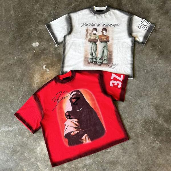 Fabricante de prendas de vestir mayorista ropa callejera personalizada de peso pesado lavado con ácido algodón caja de época camiseta cortada de gran tamaño para hombres