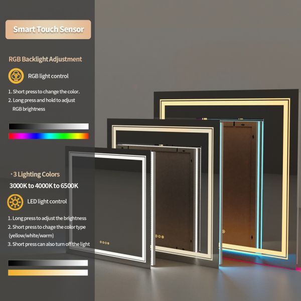 Modern Luxury Rectangular Anti-Fog LED Backlit Frameless Bathroom Mirror IP44 Rated RGB Color Changing Touch Screen Feature