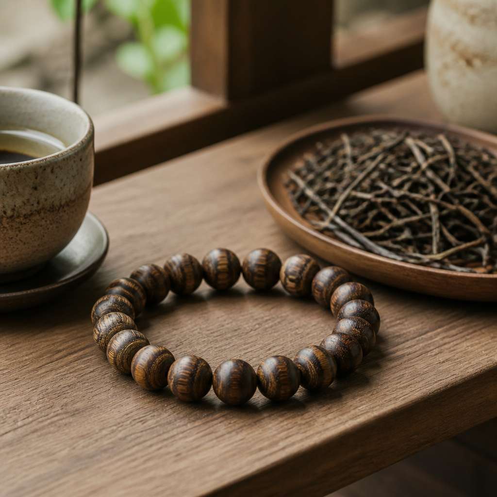 Natural Aquilaria Wood Taoist Bracelet with Tiger Stripe Grain and Subtle Woody Fragrance for Meditation