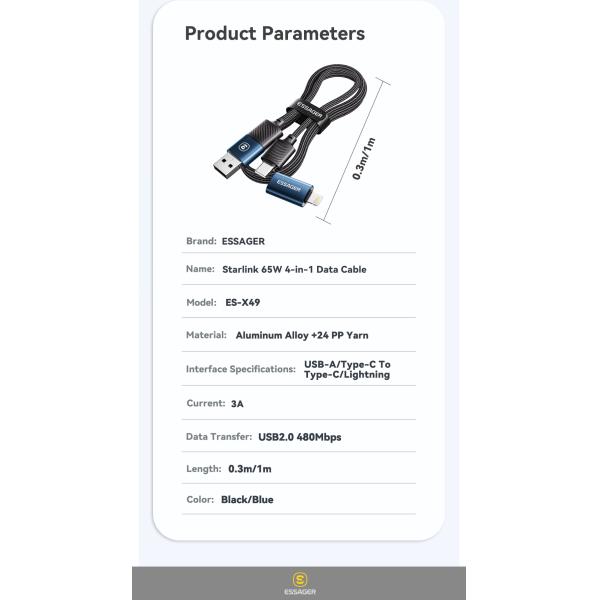 ESSAGER ES-X49 65W Usb to Type C Lightning 4 in 1 Charger Data Cable for Phone Laptop