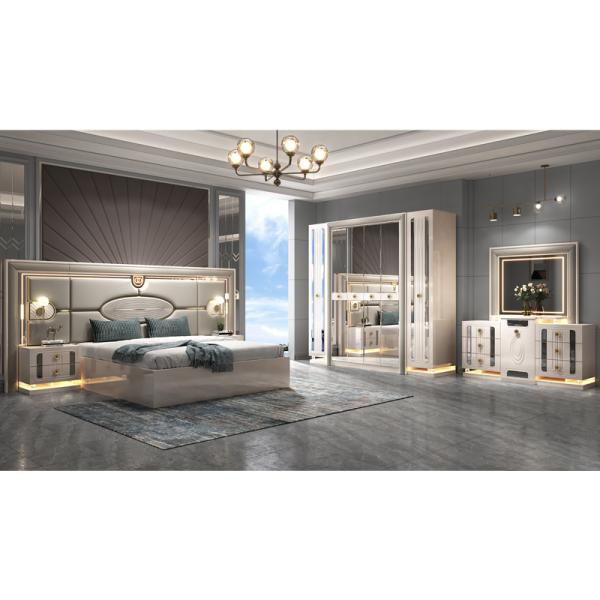 Moderne cadre en bois de luxe lit double king size ensemble villa maison chambre principale reine cuir en bois Mdf ensemble de chambre à coucher