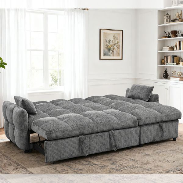 L-Shaped Sectional Sleeper Sofa with Pull-Out Bed and Adjustable Backrest and Storage Chaise, Gray Chenille