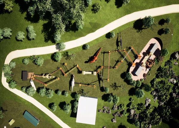 Campo de jogos exterior da aventura do tema do dinossauro para crianças e adultos