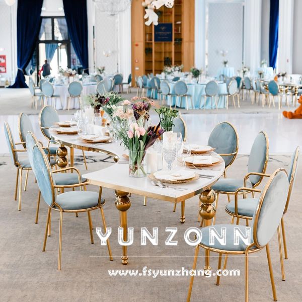 Modern S-Shape Dining Table Chair Set Restaurant Wedding Glass Metal Hotel Furniture for Outdoor Hall Use