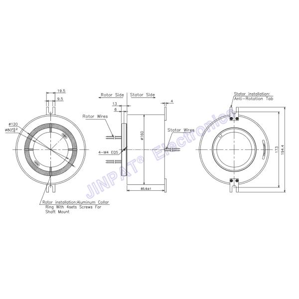LPT080 Through Hole Slip Ring 80mm 300rpm Precious Metal Contacts