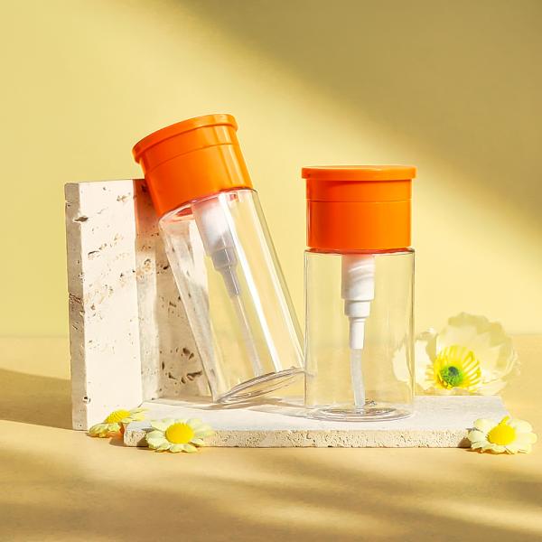 Botella abatible transparente y personalizable para desmaquillante