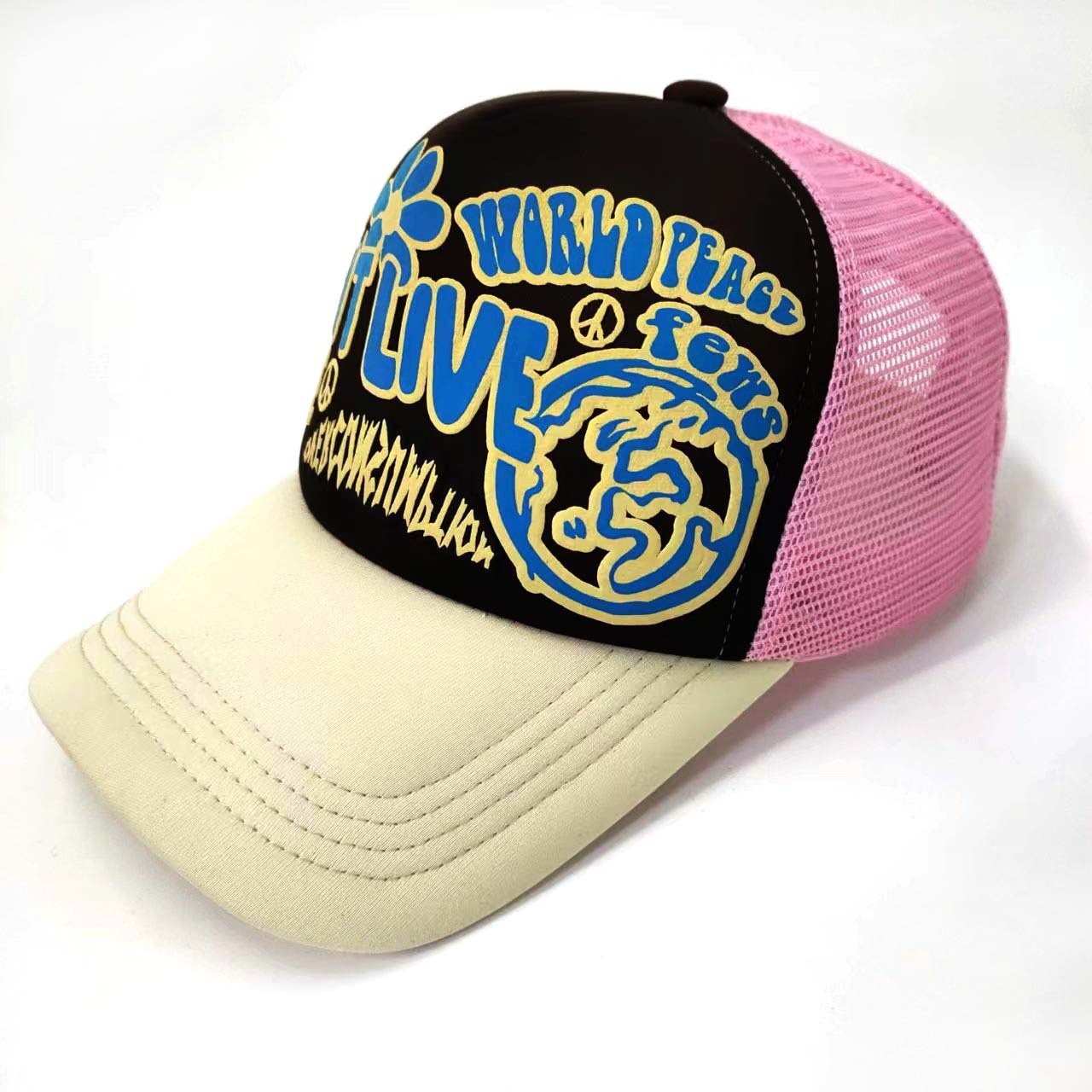 Two Tone Mesh Foam Custom 3D Embroidery Trucker Hats Powder Puff Print Special Mixed Colors