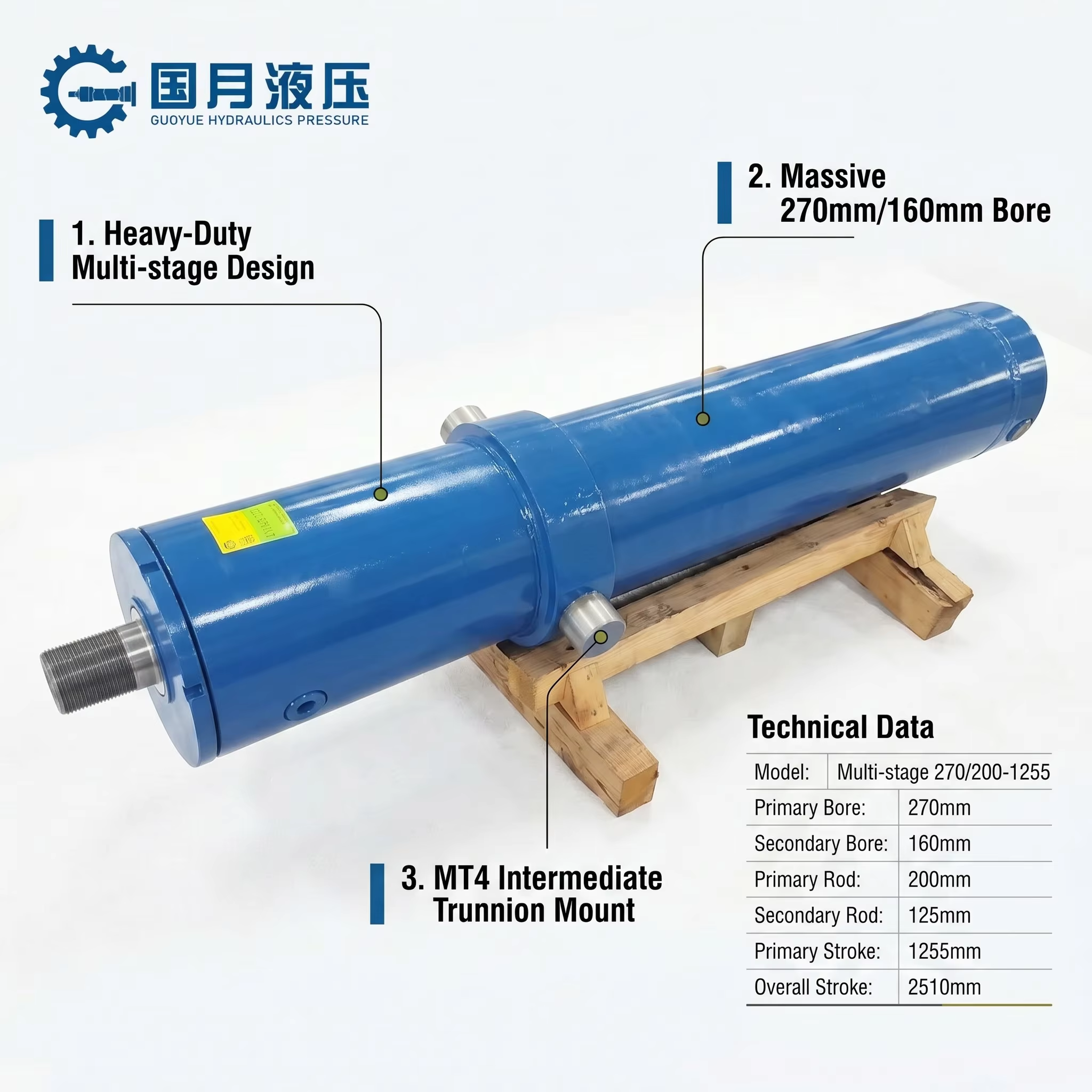 Heavy Duty Multi-stage Telescopic Hydraulic Cylinder 270/200-1255 with MT4 Trunnion Mount