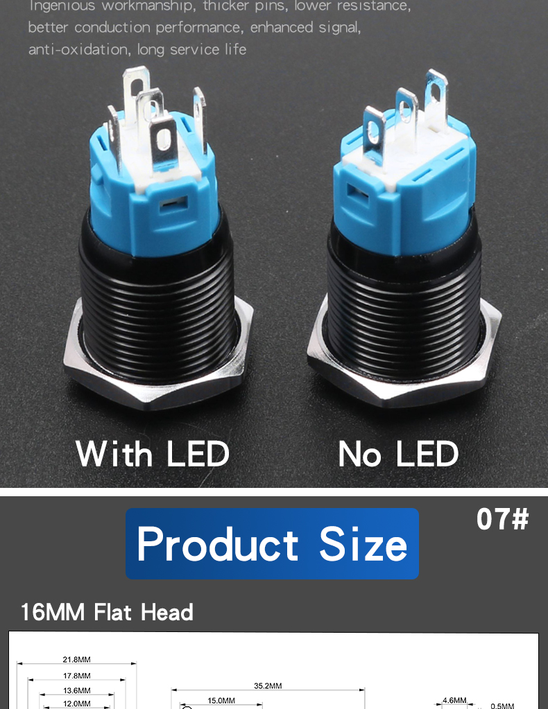 16mm Oxidized Black Shell Metal Push Button Switch Latching/Momentary 1NO1NC With LED Lights 5Pins High/Flat Head Red Green