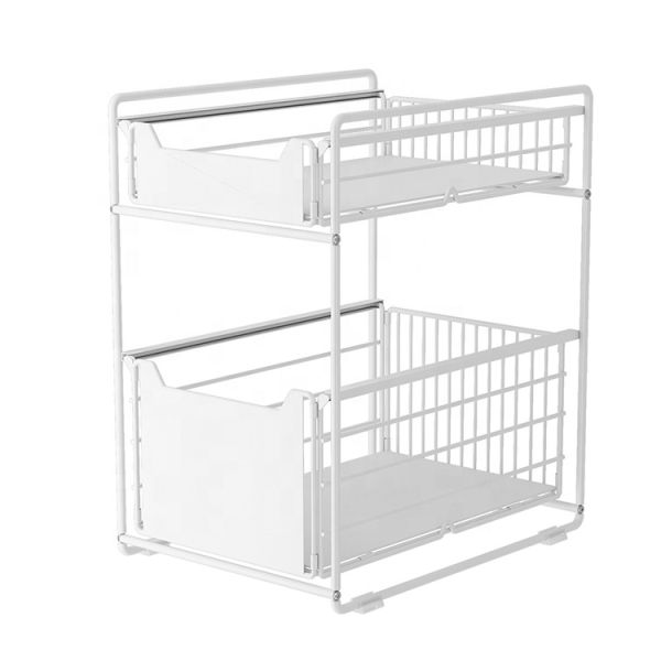 Upgraded Foldable Push-pull Metal Double-layer Bathroom Storage Organizer Under Sink Storage Rack for Kitchen Cabinet Countertop