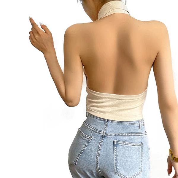 Верхней части урожая кнопки воротника поло женщин жилет Halter Streetwear Backless тонкий подходящий белый