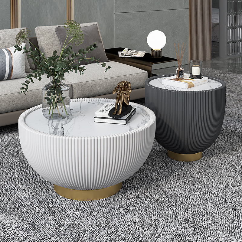Modern Design Iron Frame Sofa Side Table with Sponge PU Base Bowl-Shaped Rock Plate Top for Tea Coffee Living Room Furniture