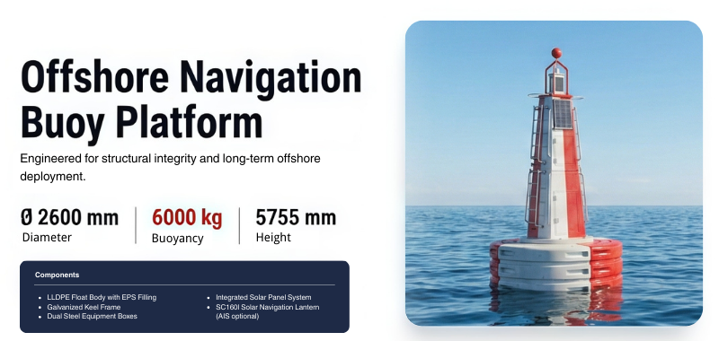 Heavy-duty Ø2600 offshore navigation buoy with 6000kg buoyancy, galvanized steel tower, LLDPE float body and SC160 lantern compatibility. OEM options available.