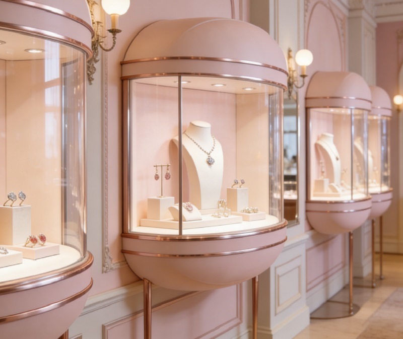 Elegant Curved Wall-Mounted Jewelry Display Cabinet Acrylic Dome Glass Showcase LED Lighting Pink Rose Gold Frame for Showroom