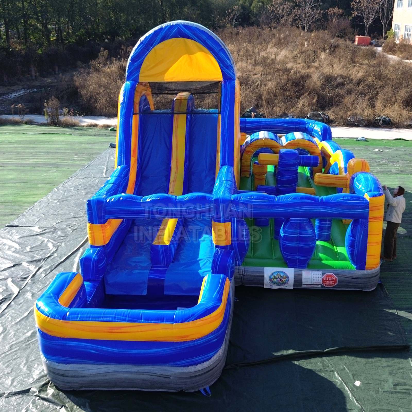 Commercial Compact Inflatable Obstacle Course with Dual Climbing Lanes Slide Tunnels and Safety Walls for Parks and Rentals
