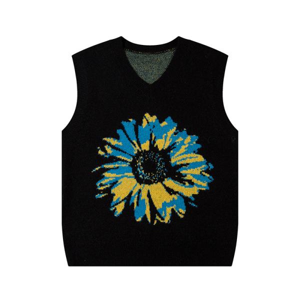 Men's Sunflower Custom V-neck Pullovers Sweater Knitted Vest Sleeveless Jacquard Jumpers