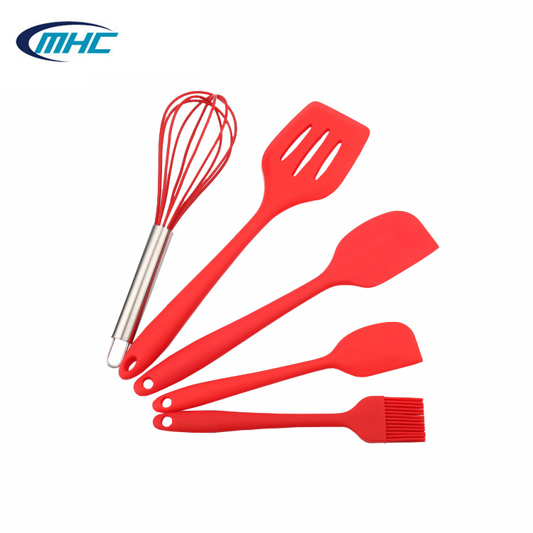 Silicone Kitchenware Set 5-Piece Baking Tool Spatula Oil Brush Egg Beater Cooking Spoon Dishwasher Safe Non-Stick