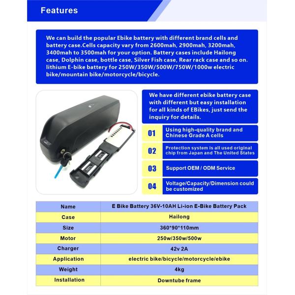 Аккумулятор высокопроизводительного E Bike для Hailong Case 250w/350w/500w Мотор черный