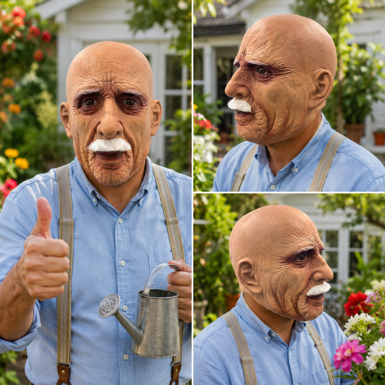 Bald Old Man Latex Full Head Mask with White Mustache, Realistic Wrinkles, Aged Skin Texture, Detailed Ear Shape and Visible Eye Openings for Halloween Party Cosplay Costume