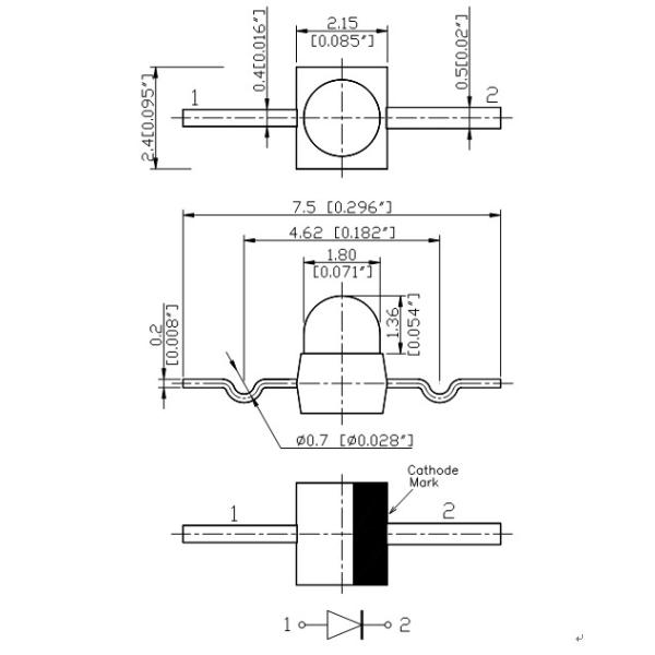 Round Subminiature Axial Blue Chip Led Light Emitting Diode 2.15×2.40mm With 1.80mm Lens