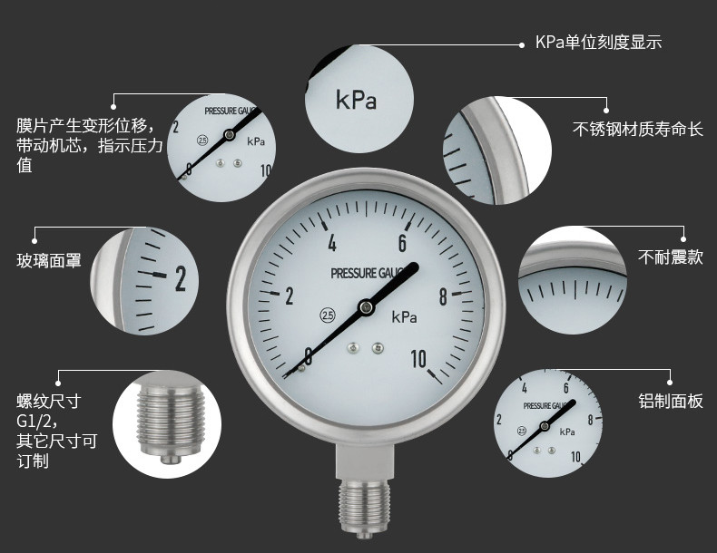 YE100BF Customized Full Stainless Case M20*1.5 Thread Manometer for Air Pressure Gauge