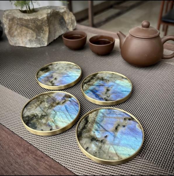 Emerald Blue Marble Coasters Handcrafted Marble Round Coasters For Office Decoration