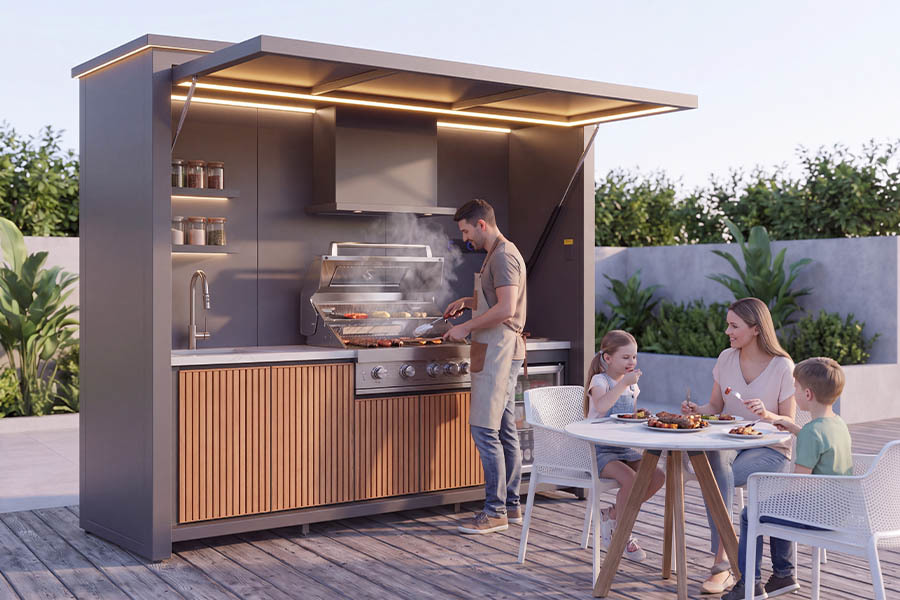 Mini Wood Look Outdoor BBQ Pod Featuring Pulse Ignition Grill W2660 Aluminum Kitchen Station