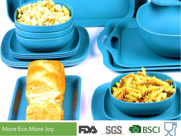 Dishwasher Safe Bamboo Fiber Dinnerware Solid Sky Blue Color Natural Rustic Texture
