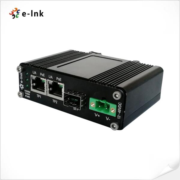 Mini Industrial 1-Port 100/1000X SFP to 2-Port 10/100/1000T 30W PoE+ Media Converter