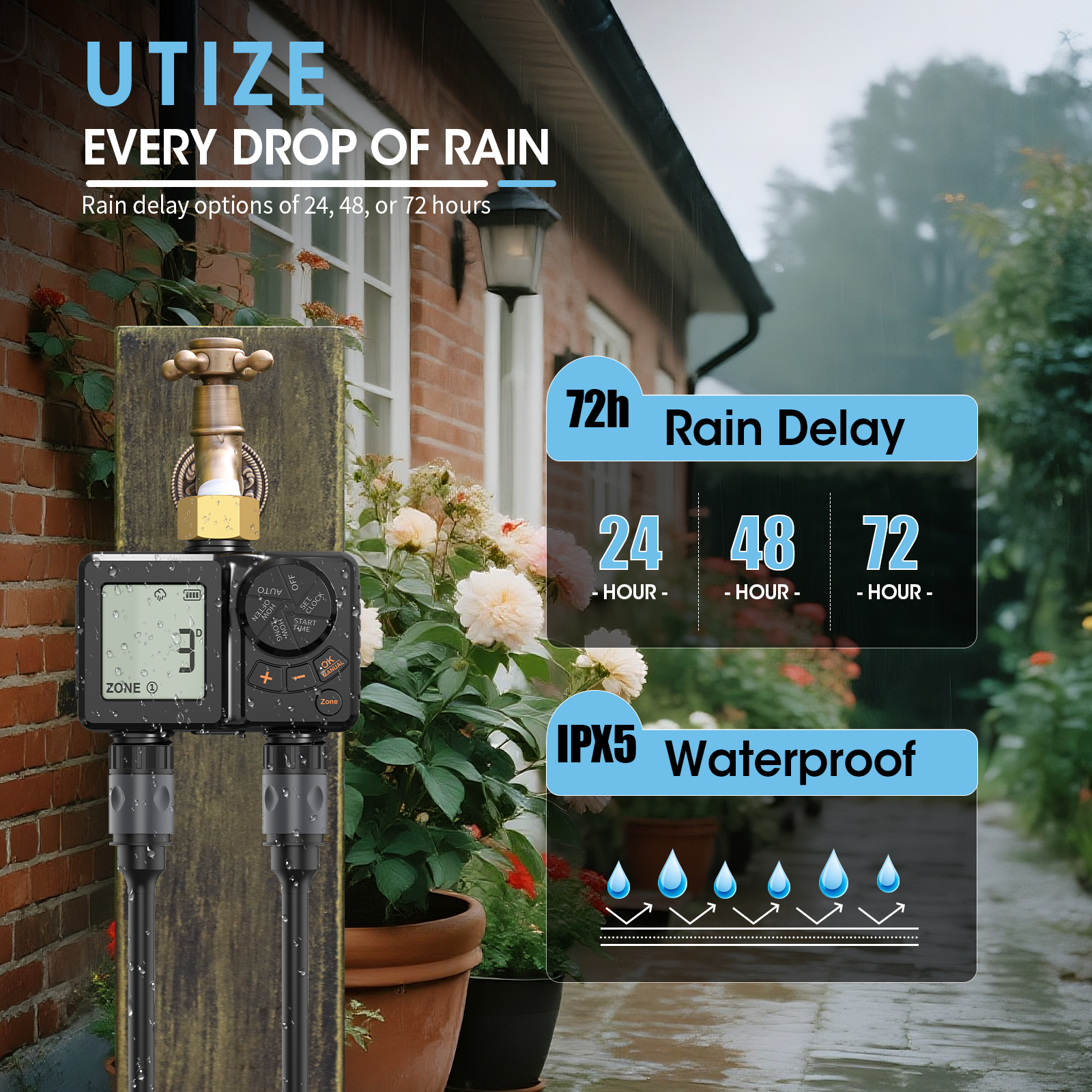 Rechargeable Digital Irrigation Timer Heavy Duty Brass Connector Auto Sprinkler Controller With Manual Override