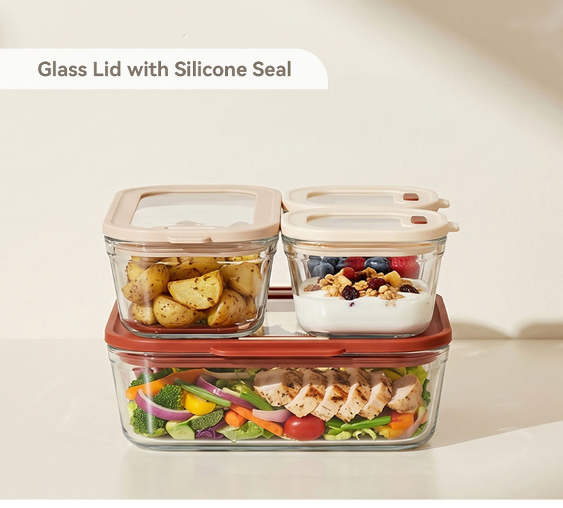 IKOO LFGB/FDA Certified Private Label Modular Design 4 Pack Glass Storage Containers with Glass Lids