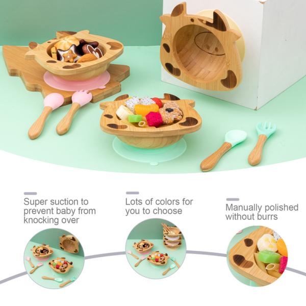 Плита детей милого мультфильма бамбуковая установила ЛОГОТИП Engravable с высасывателем силикона