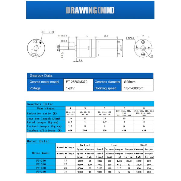 FT-25RGM370 DC 12V 24V High Torque Brushed Spur Gear Motor For Robots Model