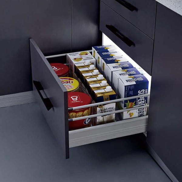 Guía de cajón Tandem Box Slim Soft Close para gabinete de cocina con varilla redonda doble