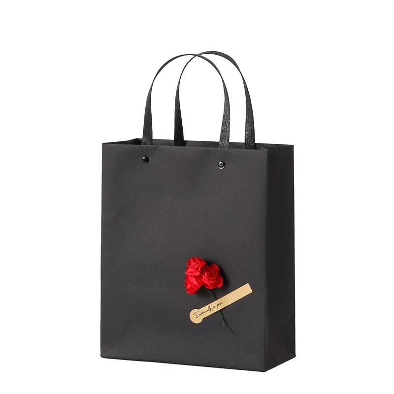 Kraft Paper Gift Bags With Handle And Decorative Flowers For Retail Packaging