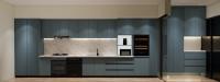 Armário de cozinha elegante e coeso moderno com design de painel de churrasqueira cinza azul