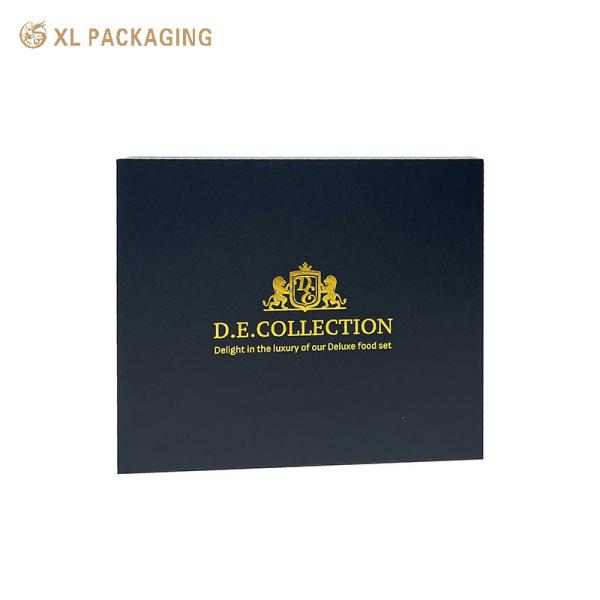 Dark Blue Hinged Linked Lid Paper Packaging Box With Ribbon For Tea Food Gift Collection