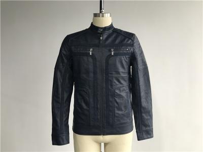 Navy Upstyled Mens PU Jacket , Faux Leather Biker Jacket With Suede Detail TW75530