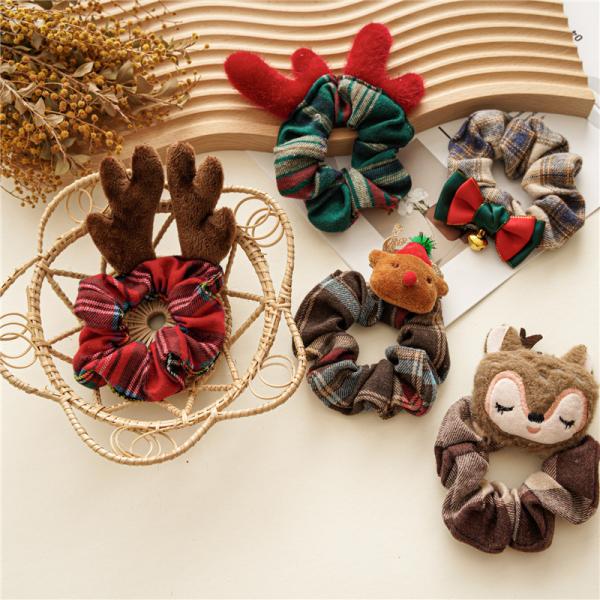 Christmas plaid beaded hair scrunchies women's cartoon lovely animal cloth hoops tied hair rope ornaments