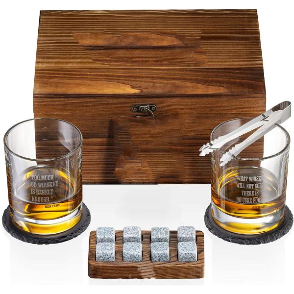 Kit de boîte à cocktails cadeau pour hommes Impression UV Whiskey Stone et ensemble de verre
