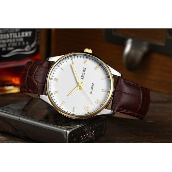 Brown Leather Strap Mens Wrist Watch Dual Calendar Luminous Quartz Anti Fog