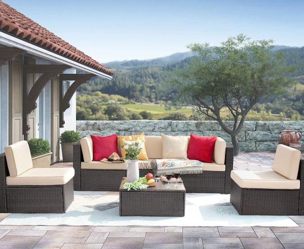 Patio Rattan Furniture Set Hidden Storage, 7 Sofa Sections, Outdoor Wicker Conversation Set, Natural Color Rattan