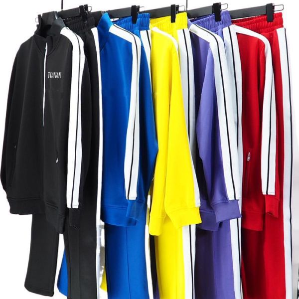 Custom Logo Casual Jogger Cotton Polyester Sweatsuit Baggy Side Striped Tracksuit Zip Jacket Flared Sweatpants and Hoodie Sets