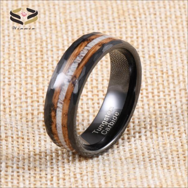 8mm Hammered Whiskey Barrel Wood and Deer Antler Inlay Black Tungsten Rings Children's Wedding Bands Gender Children's