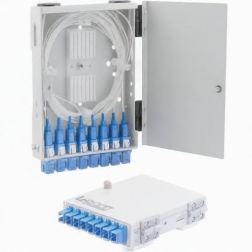 Indoor wall mounted fiber optic terminal box L-com LCFTB-108A-SC with 8 simplex SC UPC coupler ports