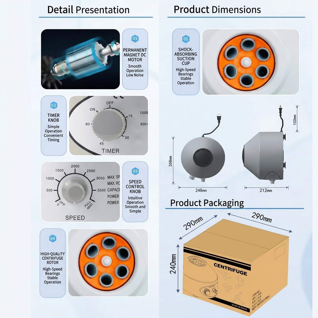 800D Benchtop Electric Centrifuge Plasma Separation Mini Centrifuge Machine Metal Portable 4000rpm 6x20ml Angle Rotor