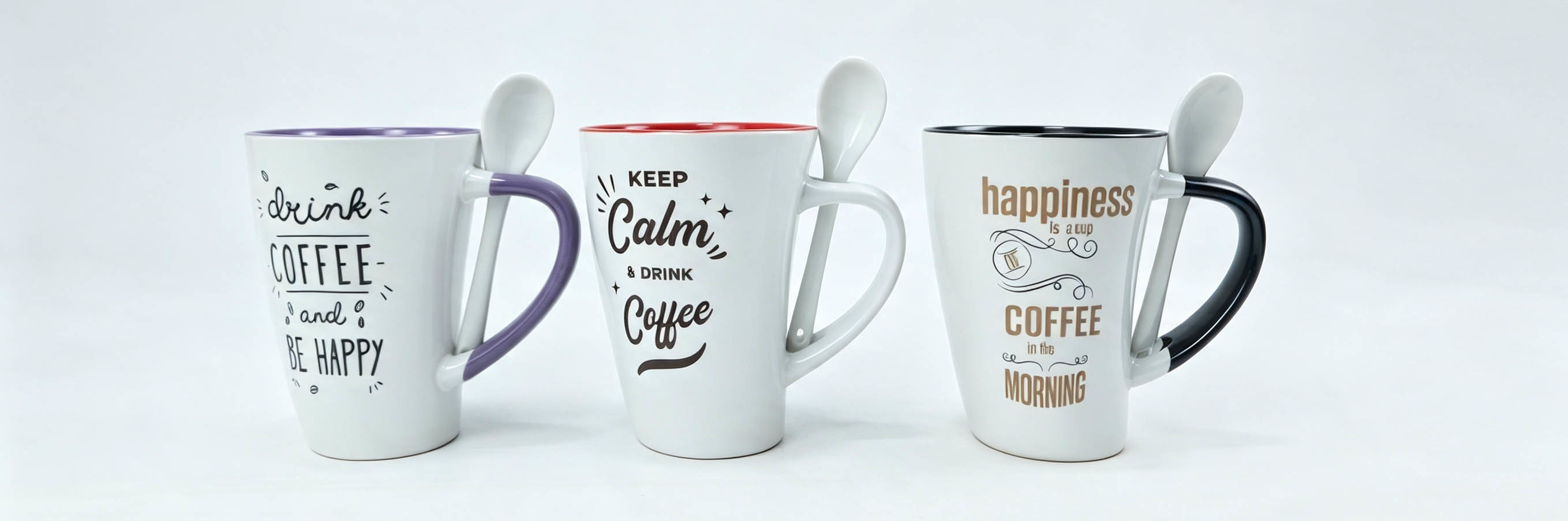 3‑Pack Coffee Quote Ceramic Mug Set with Spoon Holder, Color Rim Handle Coffee Cups with Matching Spoons
