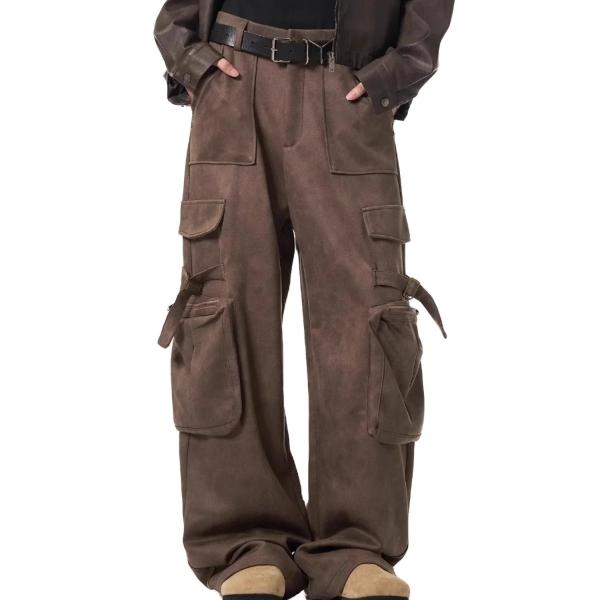 Loose Straight Leg Casual Trousers for Men Vintage Multi-Pocket Deerskin Overalls