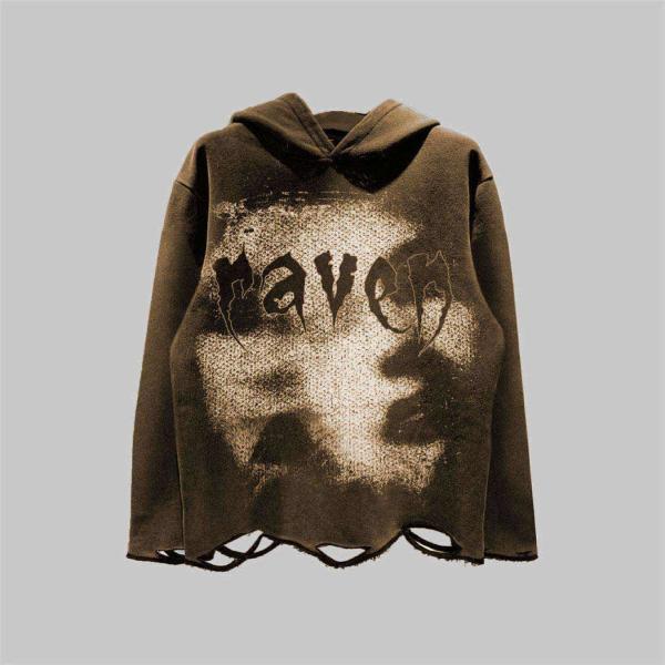Cotton Fabric Unisex Distressed Hoodie Screen Print French Terry Pullover